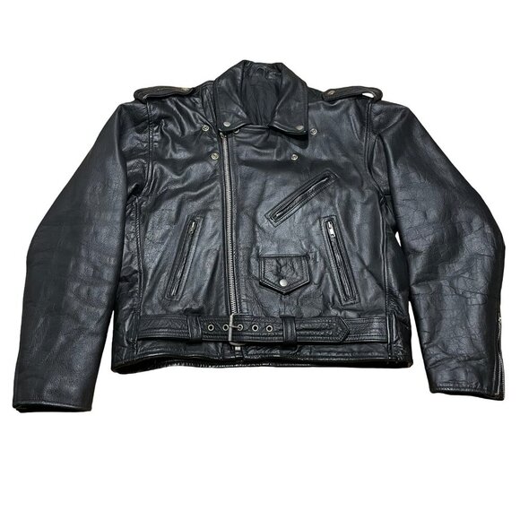 VINTAGE Motorcycle Black Leather Jacket Lined Men's M-L Women's XL, FLAW Sleeve - Picture 1 of 16